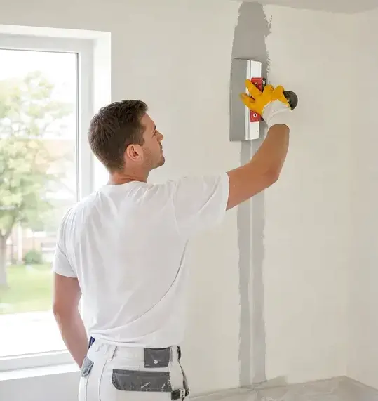 Worker taping and finishing a repaired drywall seam after water damage in Peoria, AZ