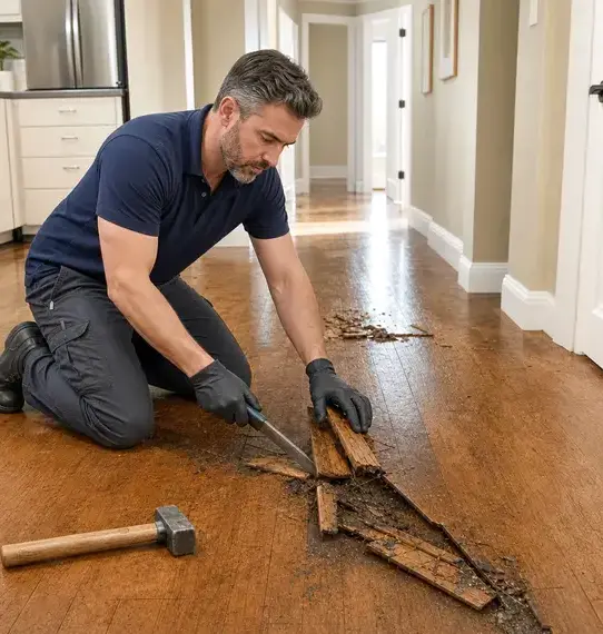 Technician prying up water-damaged hardwood floorboards in Peoria, AZ