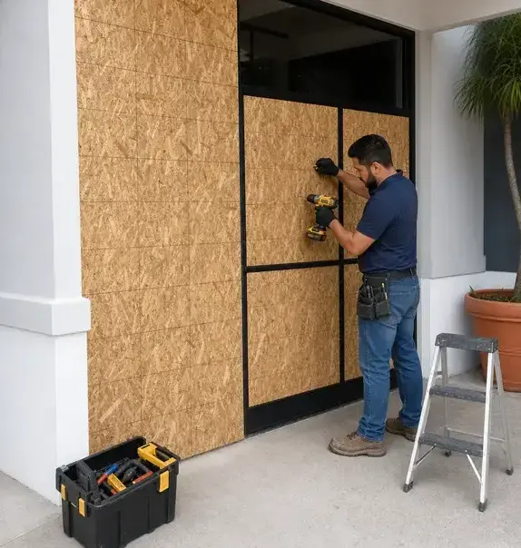 Worker screwing plywood over storefront windows during an emergency board-up in Peoria, AZ