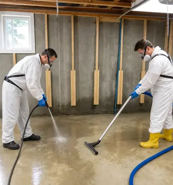 Workers in protective suits and respirators cleaning a basement floor after a sewage backup in Peoria, AZ