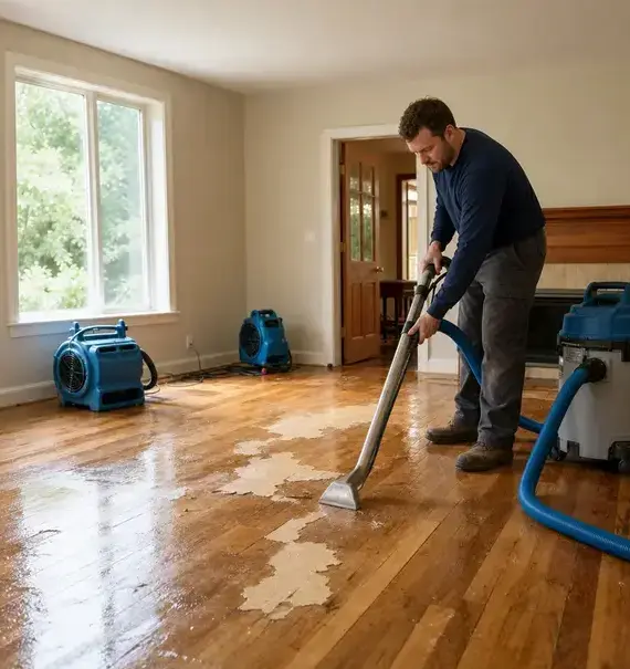 Technician extracting water from a hardwood floor as air movers dry the room during water mitigation in Peoria, AZ